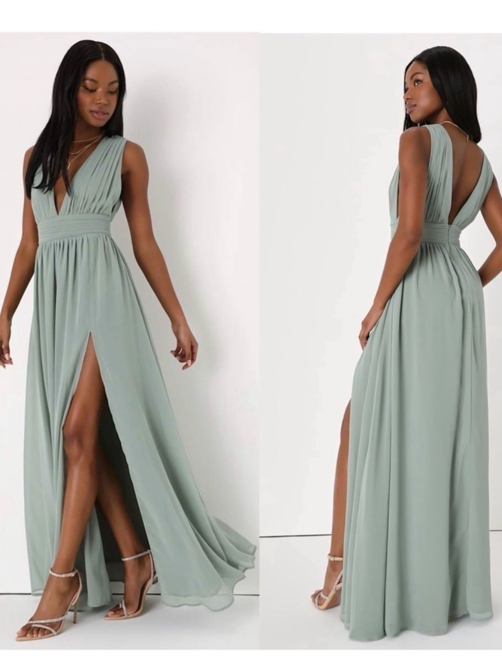 Lulu's Sage Green Heavenly Hues Plunging V-Neck Maxi Dress with High Slit XL